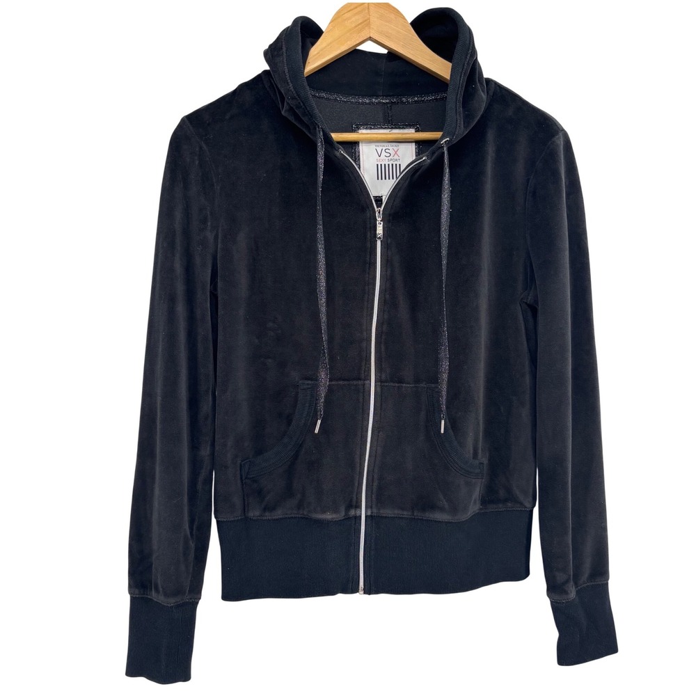 Victoria Secret VSX Sexy Sport M Y2K‎ Velour Throwback VS Hoodie Black Full Zip
